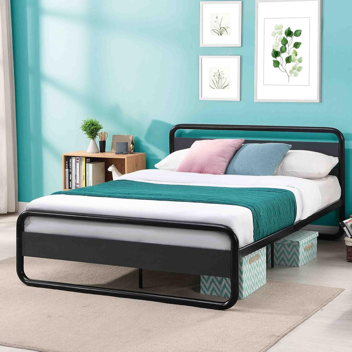 RIDFYIndustrial Queen Bed Frame with Headboard and Footboard, Heavy Duty Metal Platform Bed Frame with Storage Space, Rustic Camas Queen, Mattress Foundation/Box Spring Needed/Noise-Free/Easy Assembly