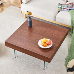 Natural Style Square MDF Coffee Table with Tempered Glass Legs, 31.5"x31.5" Modern Glass Coffee Table, Elegant Center Table for Living Room, Durable Density Board Top with Wood Grain Texture(Walnut)