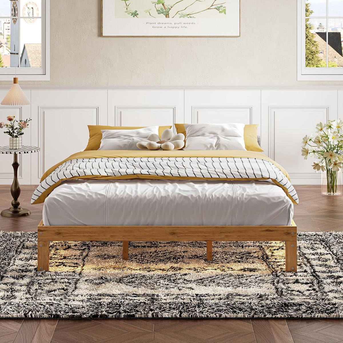 12" Low Bed Frame, Wooden Bed Frame Queen Size with LED Lights and Power Outlet, Heavy Duty Low Profile BedFrame with Wood Slats, No Box Spring Needed, Noise-Free, Easy Assembly (Natural Wood+Brown)