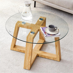 Circular Coffee Table, 31.5" Modern Glass & MDF Living Room Table, Wood Finish, Round Coffee Table for Bedroom, Easy Assembly