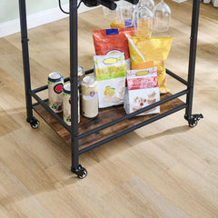 Tajsoon 2-Tier Mobile Bar Serving Cart, Industrial Style Beverage Cart with Wine Rack and Glass Holder, Rolling Drink Trolley for Kitchen, Living Room, Rustic Brown