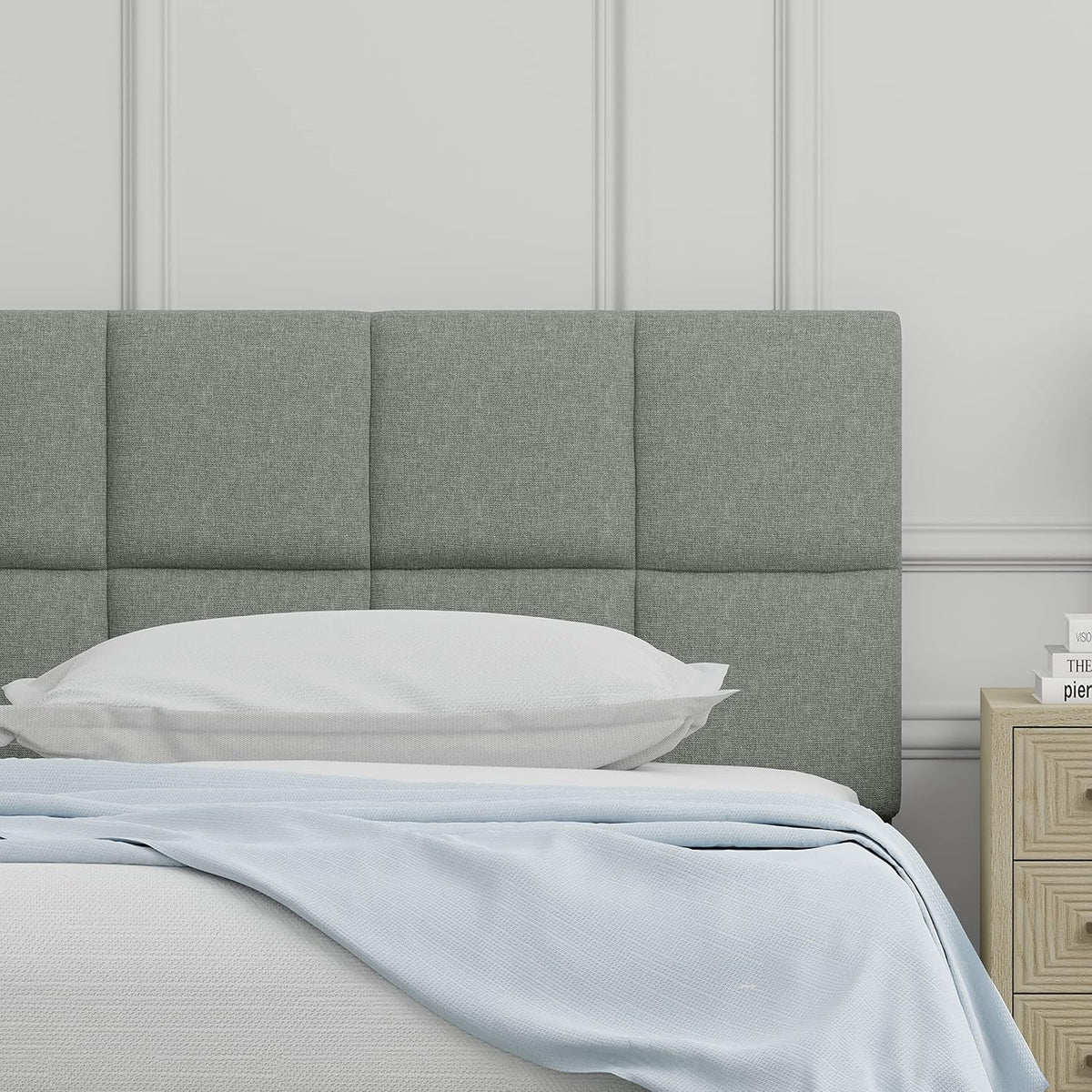 Glenwillow Home Paio 20" Tall Panel Upholstered Headboard, 2-Row Square Tufting, Twin Size, Light Gray