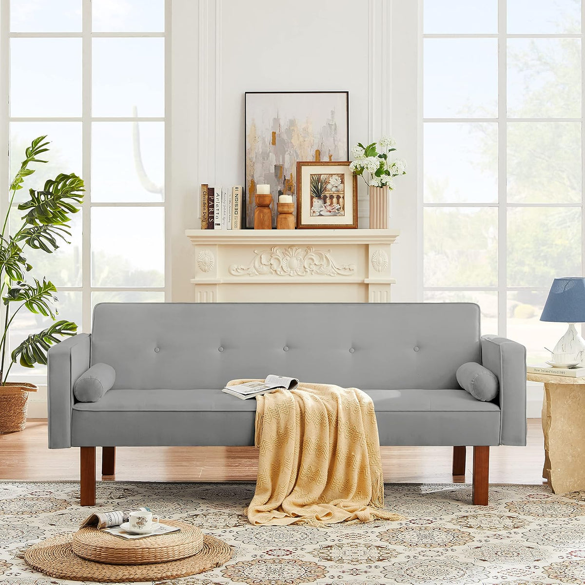 Modern Fabric Sofa Bed Futon,Convertible Sleeper Loveseat with 2 Pillows and Armrests,75" Folding Recliner Couch Bed with Solid Wood Legs for Living Room Apartments Office (Light Grey)