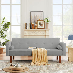 Modern Fabric Sofa Bed Futon,Convertible Sleeper Loveseat with 2 Pillows and Armrests,75" Folding Recliner Couch Bed with Solid Wood Legs for Living Room Apartments Office (Light Grey)