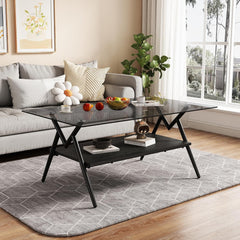A Rectangular Coffee Table in The Living Room, Modern Metal Legs and Tempered Glass countertops, MDF Board Shelves, and a Coffee Table in The Waiting Room