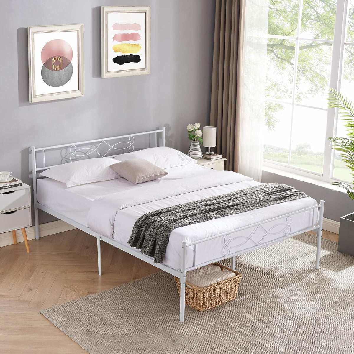 VECELO White Queen Size Metal Platform Bed Frame/Mattress Foundation with headboard/Steel Slat Support/No Box Spring Needed/Easy Assembly