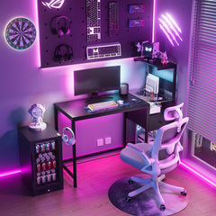 Computer Desk with Power Outlet & Storage Shelves, Study Writing Table with USB Ports Charging Station, PC Desk Workstation for Home Office, Black