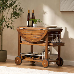 Folding Bar Trolley Bar Cart for Home, 3-Tier Serving Cart with Wheels and Handle, Beverage Cart with Wine Rack and Glass Holders, Rolling Wine Cart for Kitchen, Dining Room (Oak)