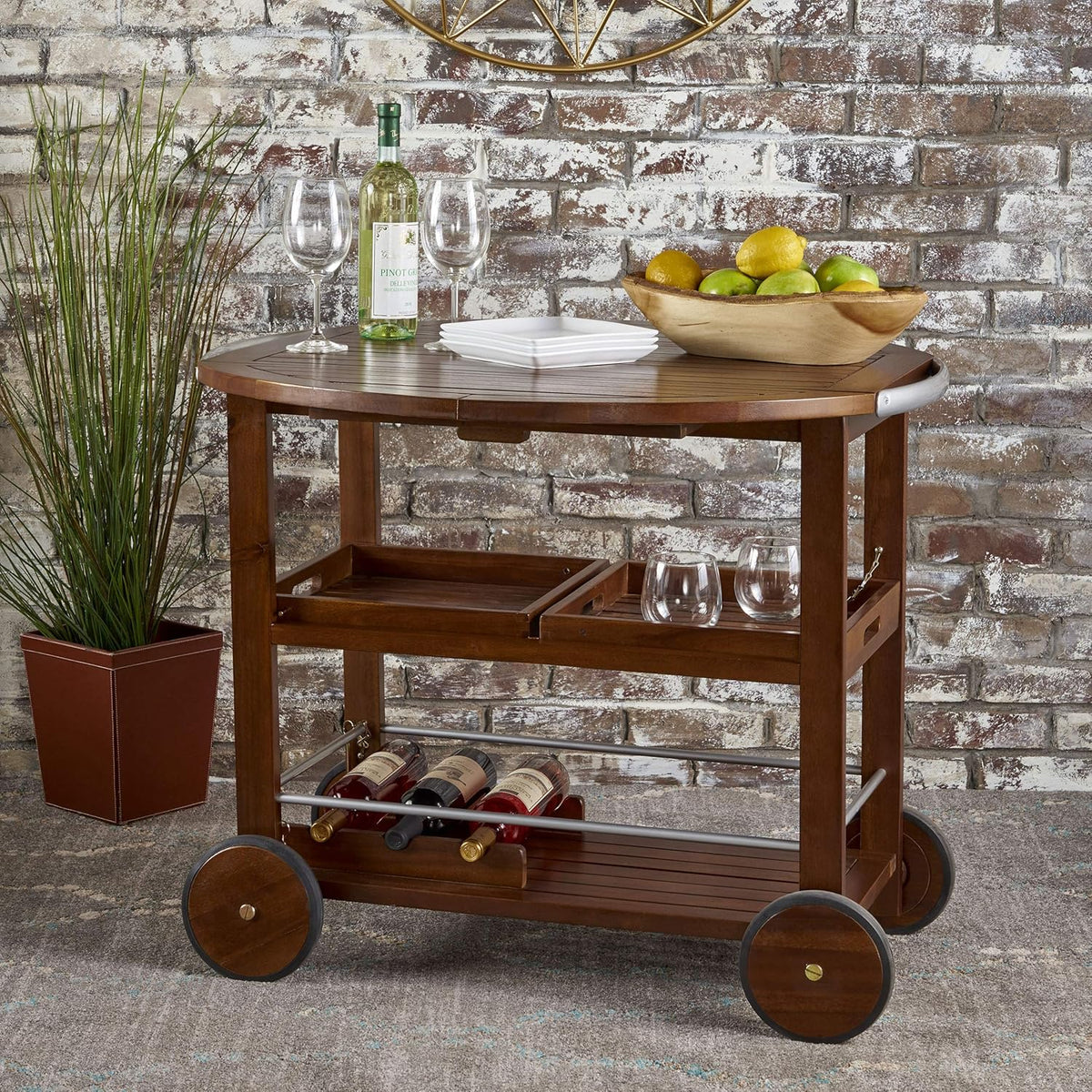 Folding Bar Trolley Bar Cart for Home, 3-Tier Serving Cart with Wheels and Handle, Beverage Cart with Wine Rack and Glass Holders, Rolling Wine Cart for Kitchen, Dining Room (Oak)