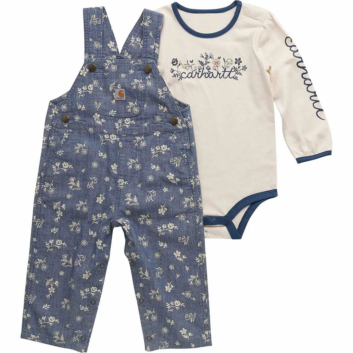 girls' 2-piece long sleeve bodysuit & printed chambray overall set (baby)